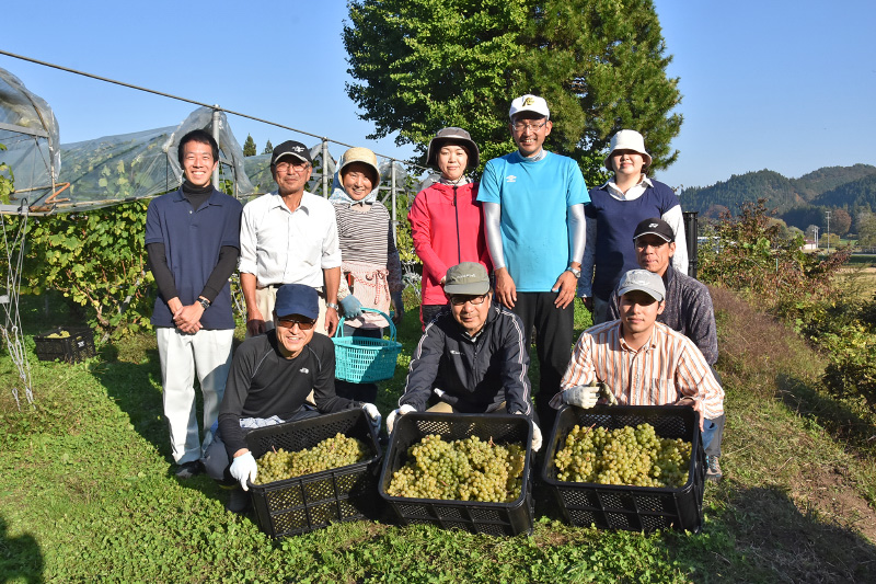 栽培ボランティア「ぶどうつくり隊」の皆さんと支援先のぶどう畑で