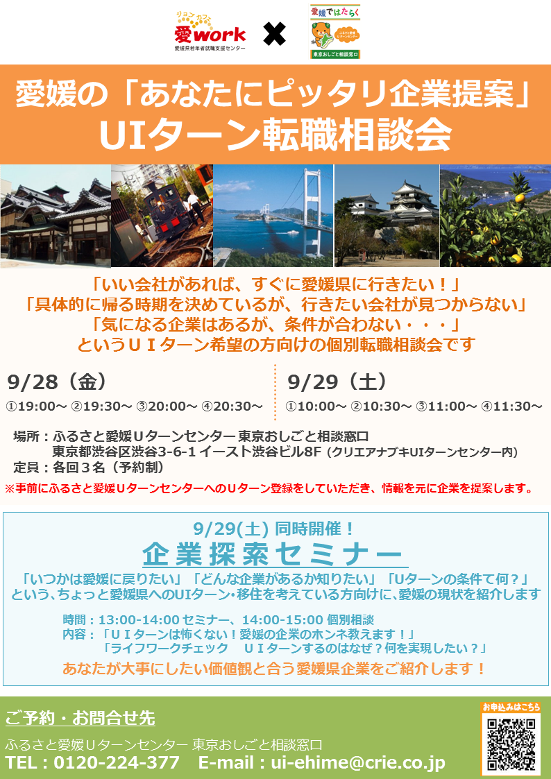 愛媛の「あなたにピッタリ企業提案」UIターン転職相談会＆企業探索セミナー　イベントチラシ