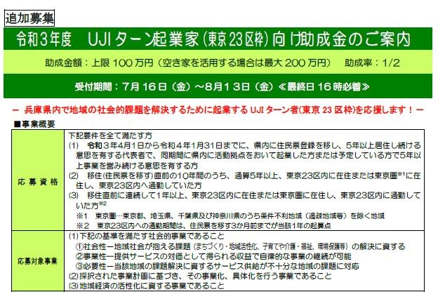 【追加募集！】 UJI ターン起 業家(東京 23 区 枠)向 け助成金 | 地域のトピックス