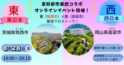 友好都市コラボ開催！　似た者同士だけどやっぱり違う！？　水谷（みずのや）のお殿様が繋いだ　東：茨城県筑西（ちくせい）市×西：岡山県高梁（たかはし）市の移住クロストーク | 移住関連イベント情報